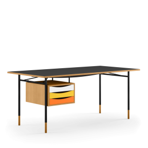 Nyhavn Arbejdsbord Med Skuffekassette, 136x68, Sort Stel/Eg Olie/Sort Linoleum/Varm